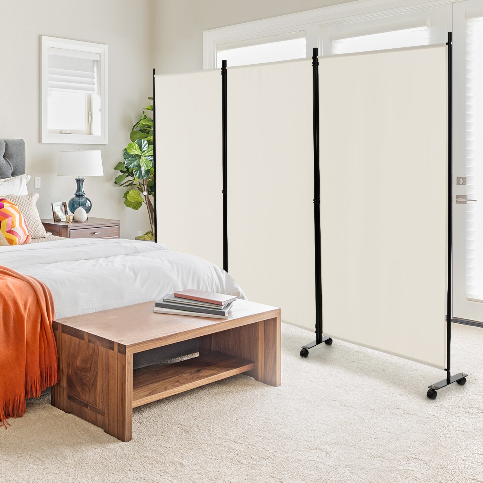 3-Panel Folding Room Divider 6Ft Rolling Privacy Screen w/Lockable Wheels White