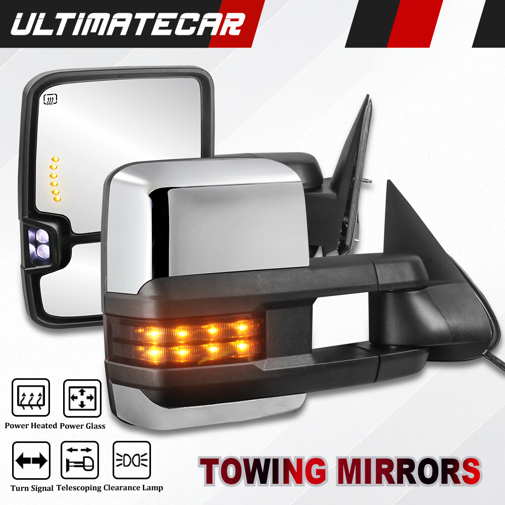 Pair Chrome Power Heated LED Signal Tow Mirrors For 07-13 Silverado Tahoe Sierra