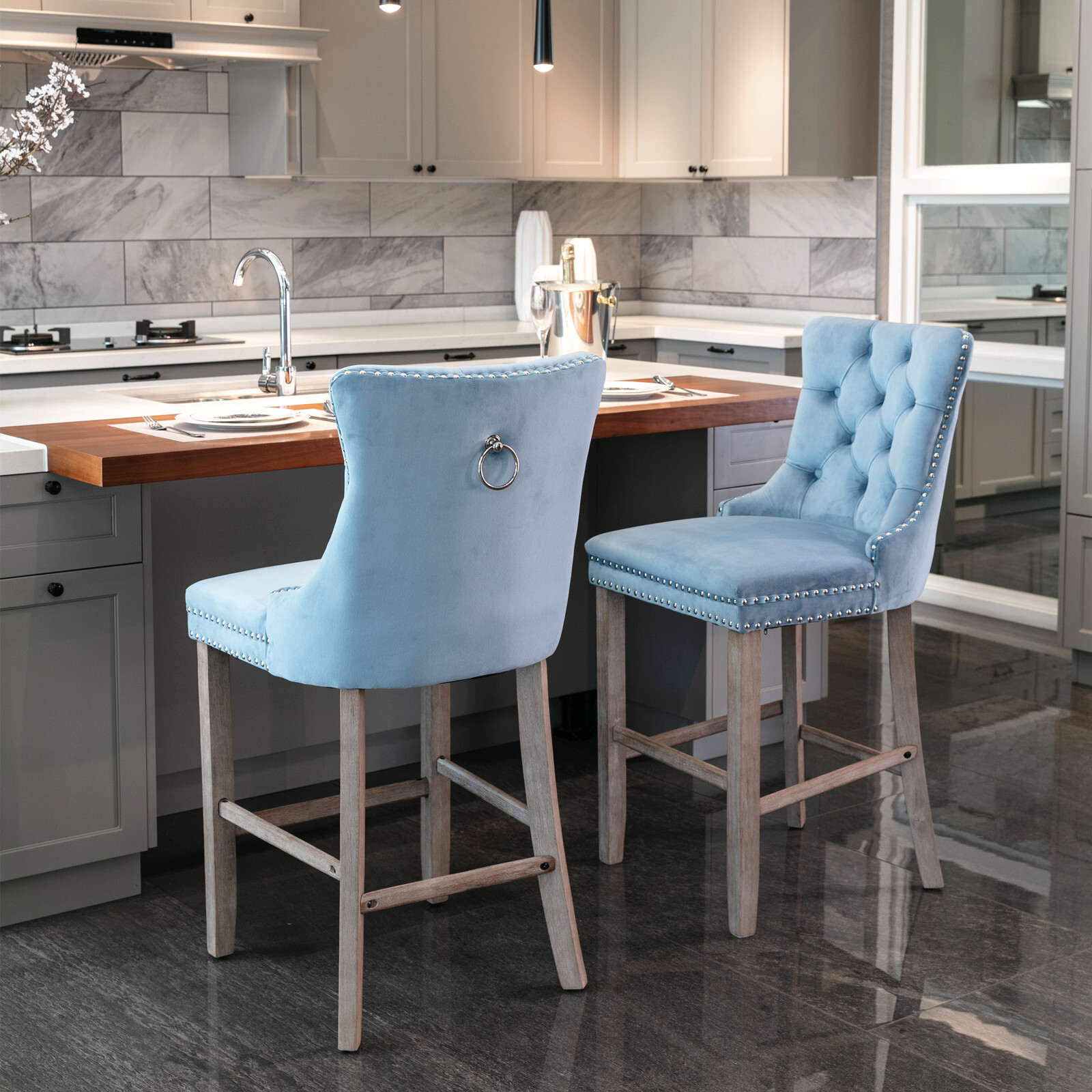 2 Set Velvet Barstools Kitchen Counter Pub Bar Stools Chairs Button Tufted Blue