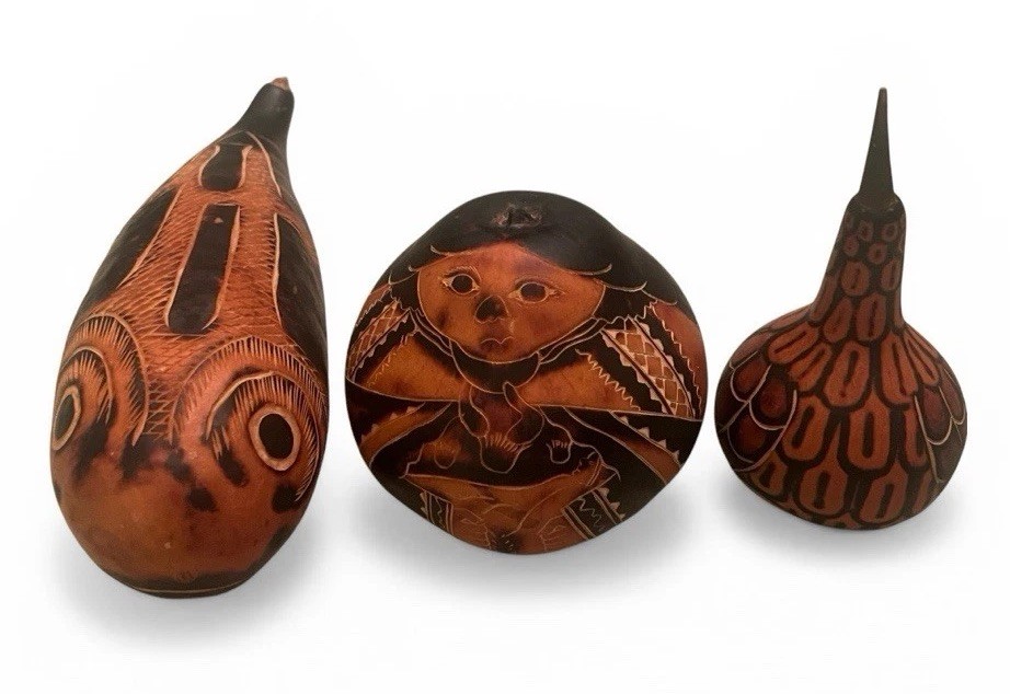 3 X Hand-Carved Decorative Gourd Peru Peruvian Folk Art Woman Fish Bird 1980’s
