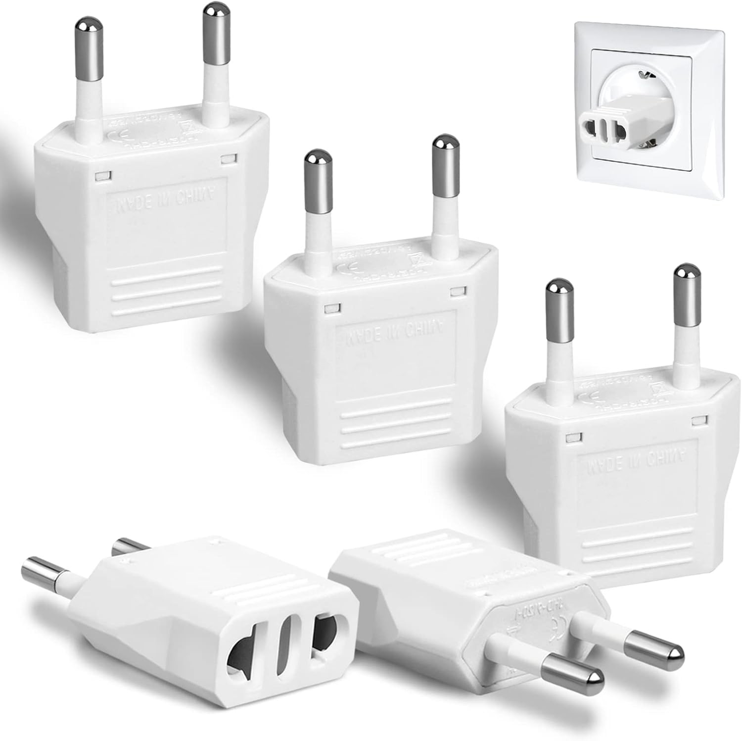 6 Pack US to Europe Plug Adapter - Type C European Travel Adapter, 6, white