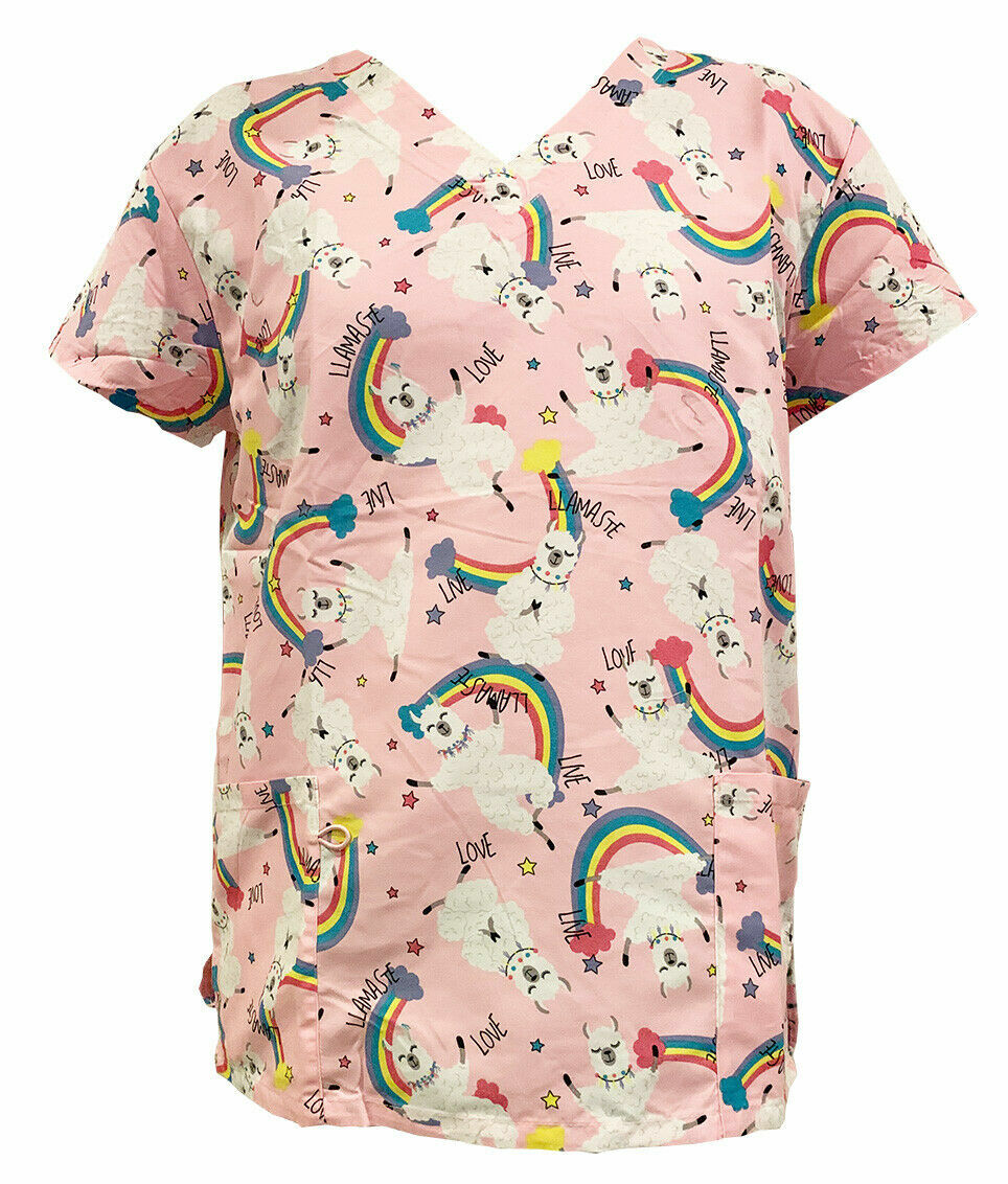 Serene Uniform Women's Fashion Medical Scrub Tops Pink Daily Llama Rainbow 2XL