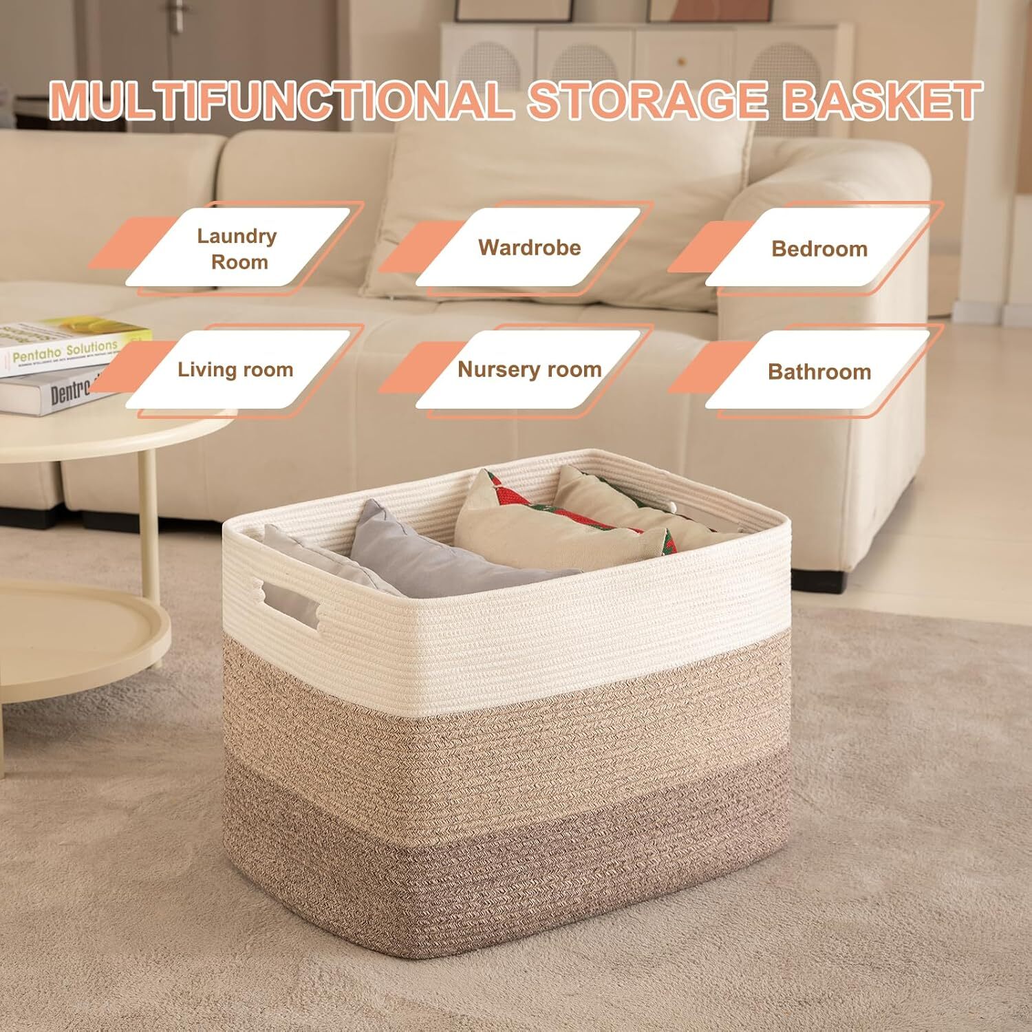 108L Extra Large Blanket Basket,Rectangular Woven Storage Basket Gradient Brown