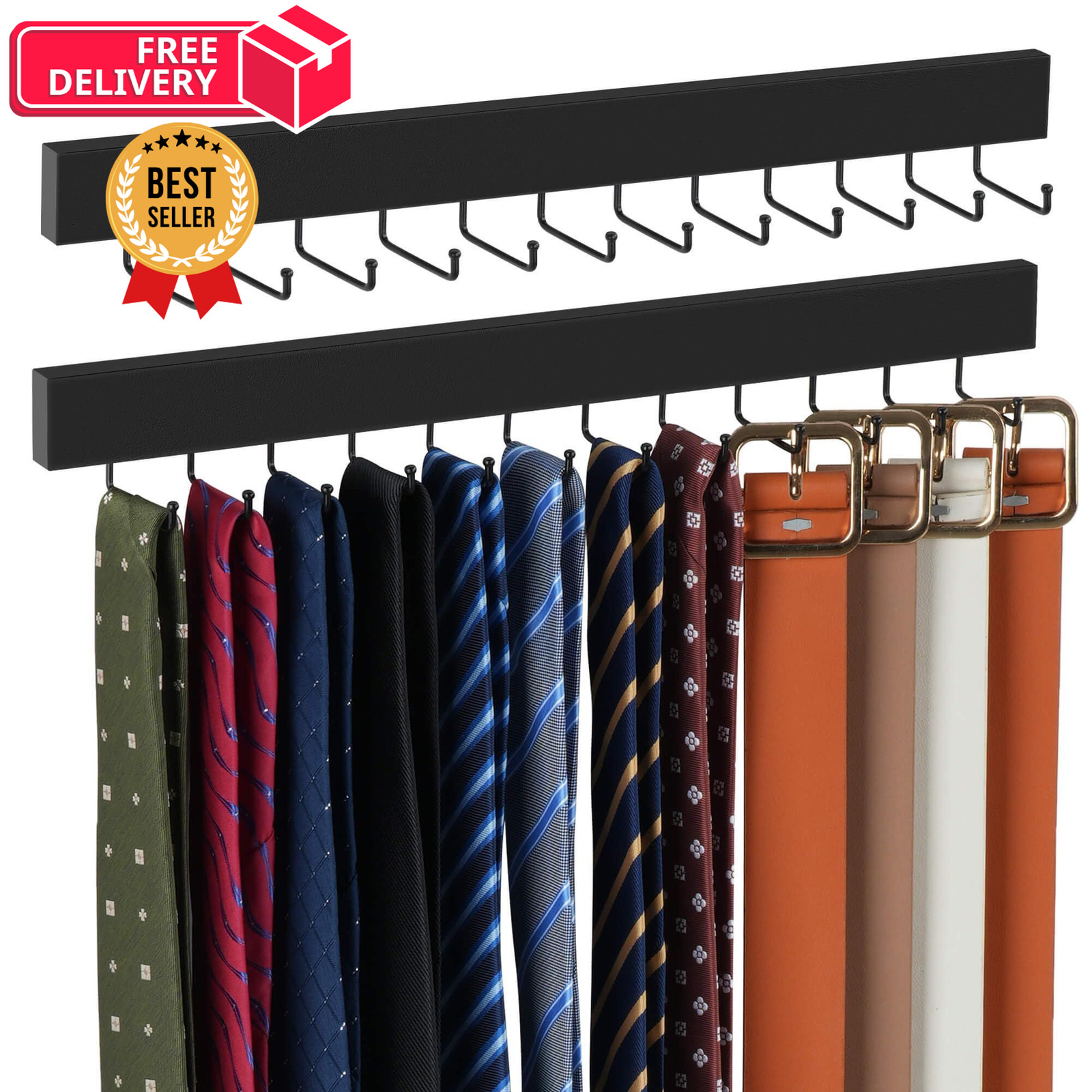 ZEDODIER 2 Pack Wodden Tie Hanger Wall Mounted, Space Saving 2 Pack, Black