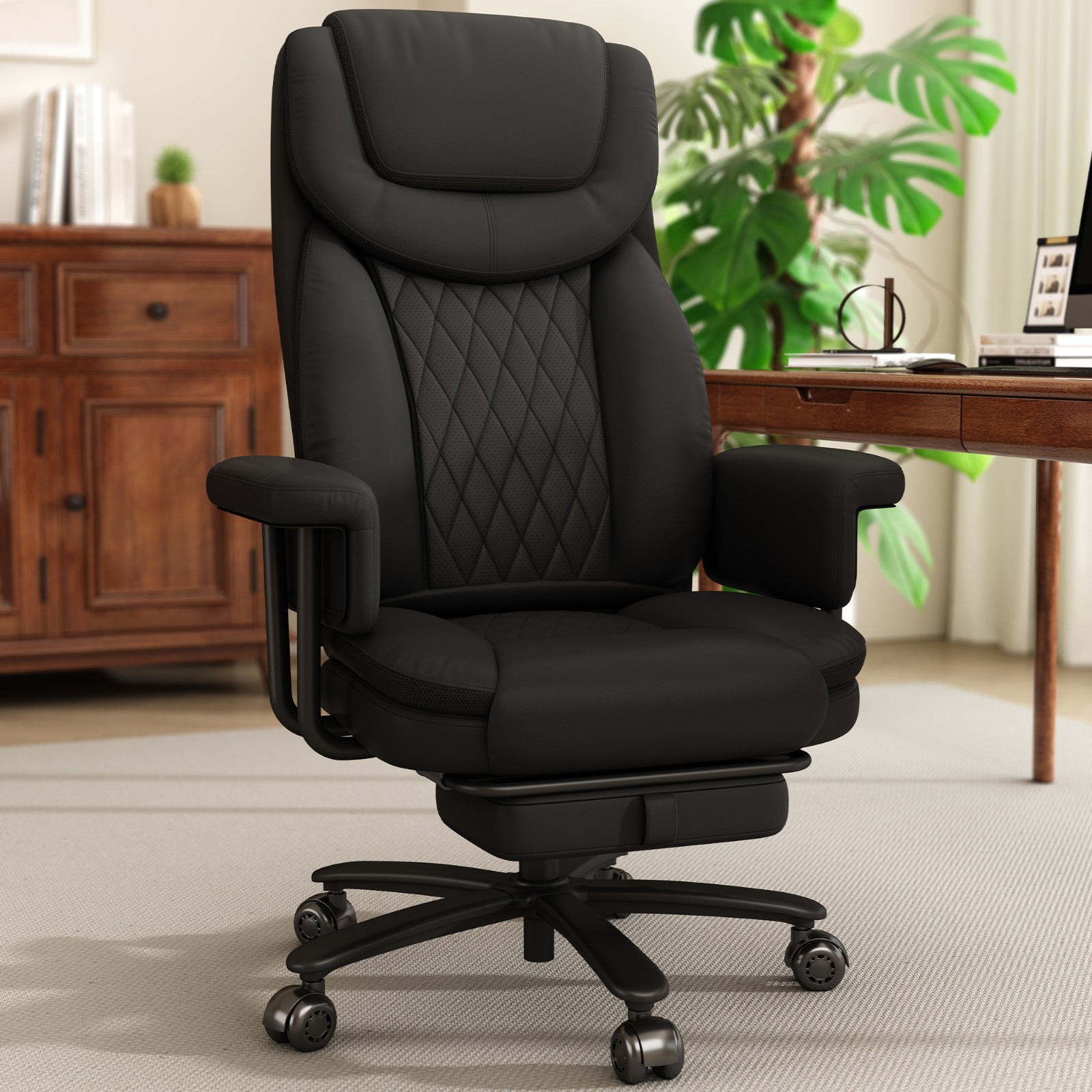 Executive PU Office Chair Big and Tall 400LBS with Reclining Footrest Padded Arm