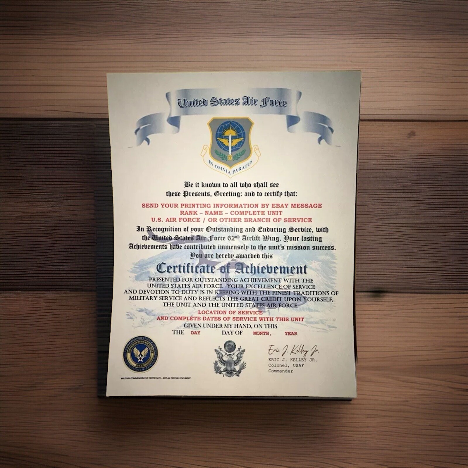 U.S.A.F. / AIR FORCE 62ND AIRLIFT WING - CERTIFICATE OF ACHIEVEMENT