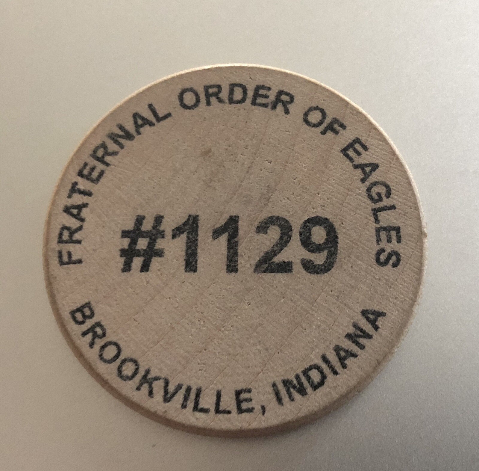 Vintage Wooden Nickel: Brookville Indiana Order of Eagles #1129; Indian Head