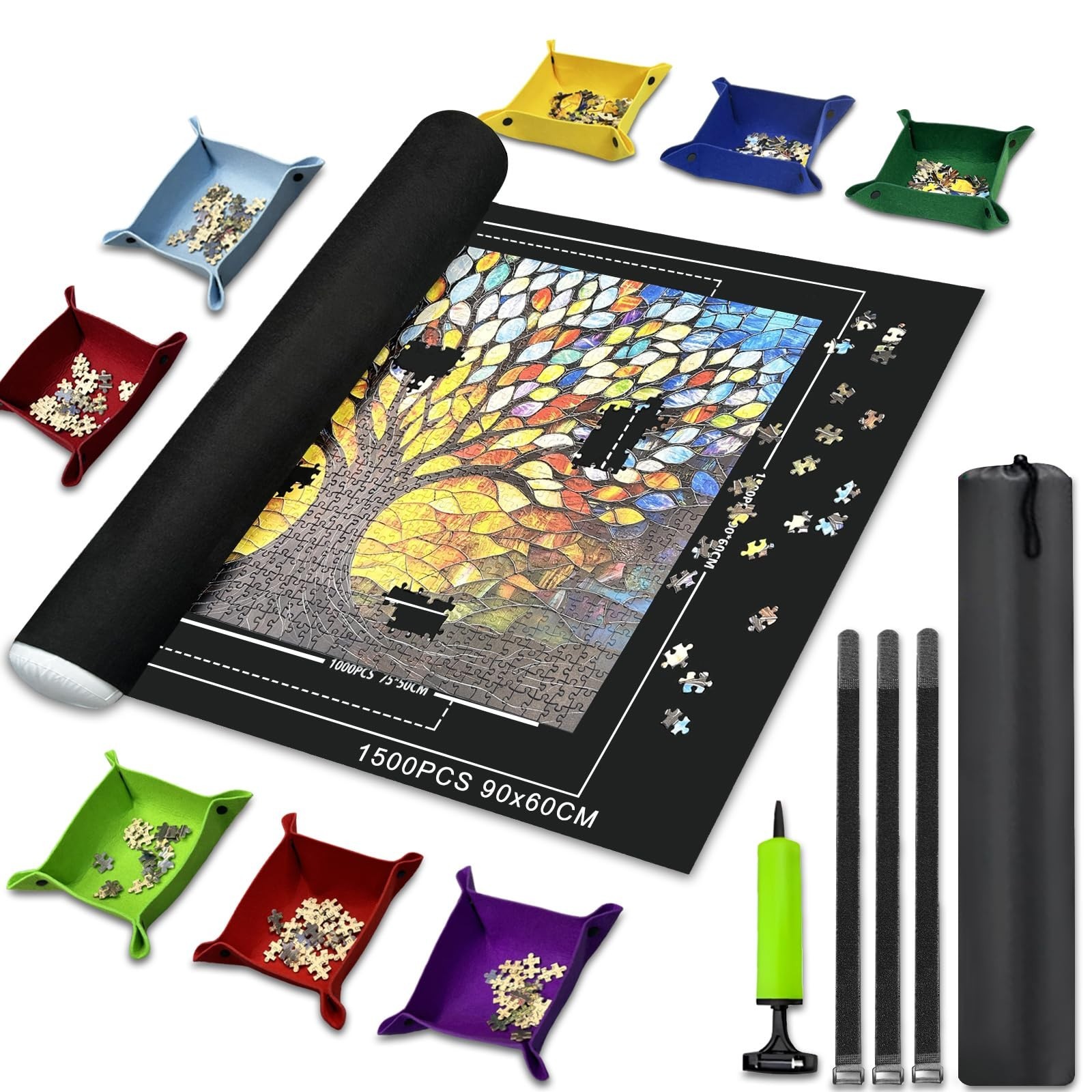 Puzzle Mat Roll-Up for Jigsaw Storage, 8 Sorting Trays & Drawstring Bag, 1500 PC