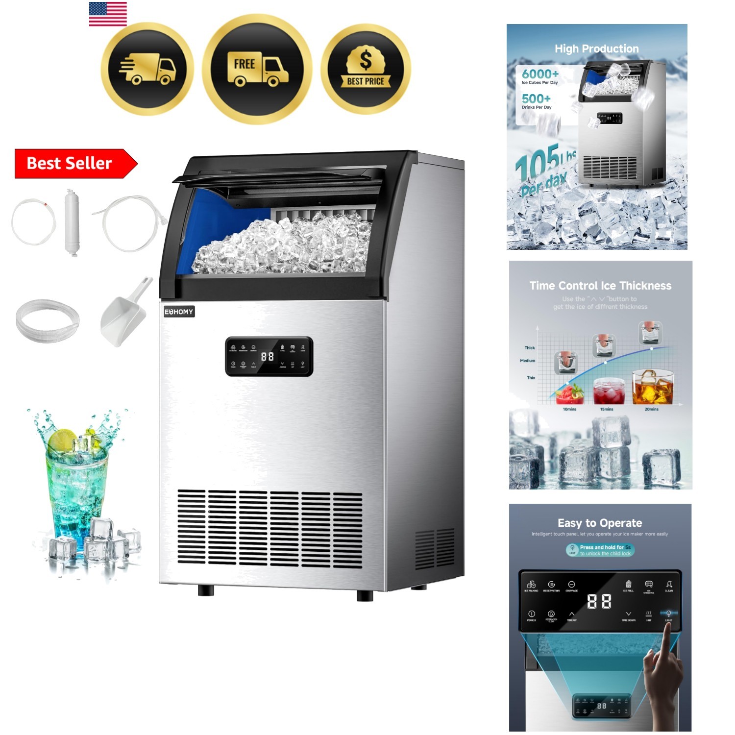 Commercial Ice Maker,105lbs/24H,Stainless Steel Under Counter Ice Machine wit...
