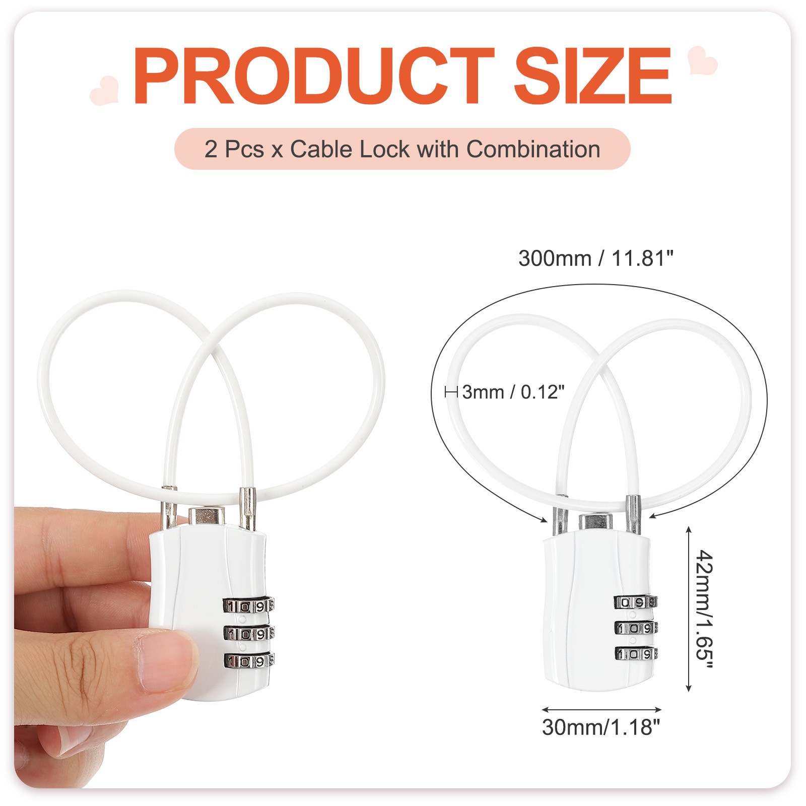 2 Pcs 3 Digit Luggage Cable Combination Lock with 12" Long Cable, White