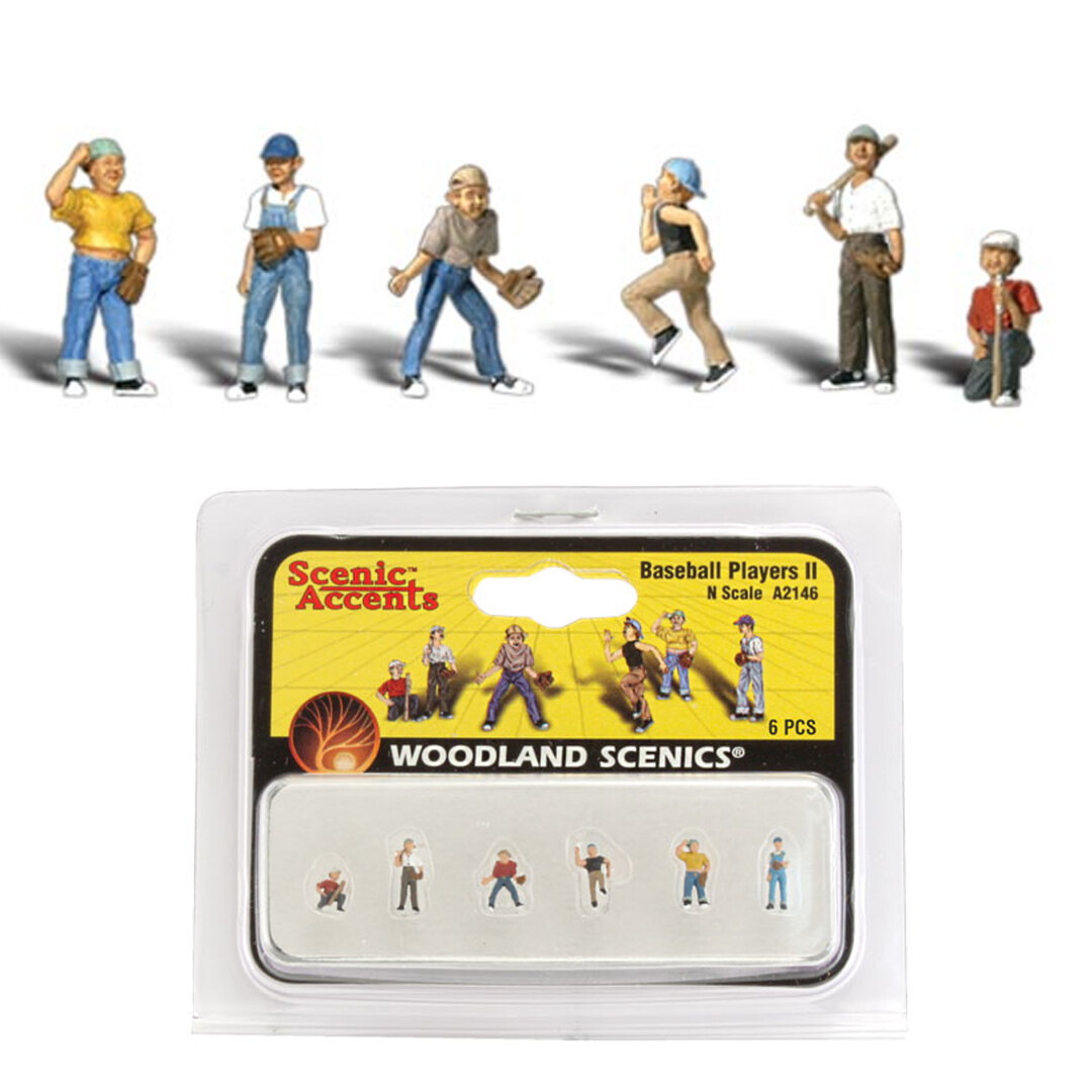 NEW Woodland Scenics Accents A2146 Figures - Baseball Players II - Pkg (6) N