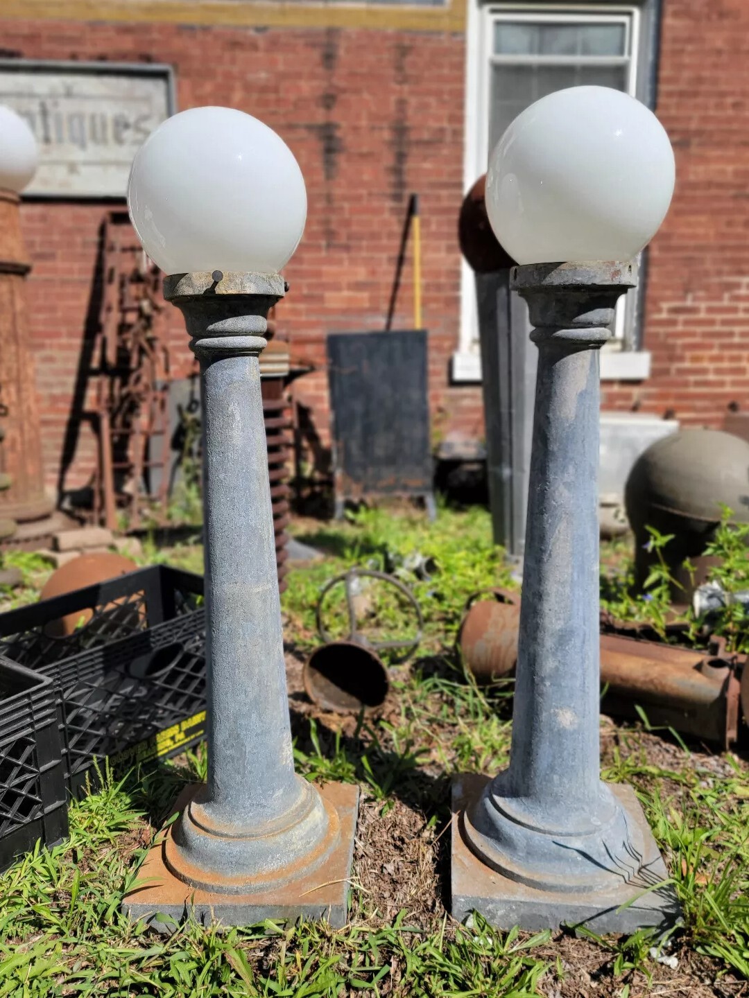 Pair of Antique Galvanized Iron Lamps, 45 Inches tall