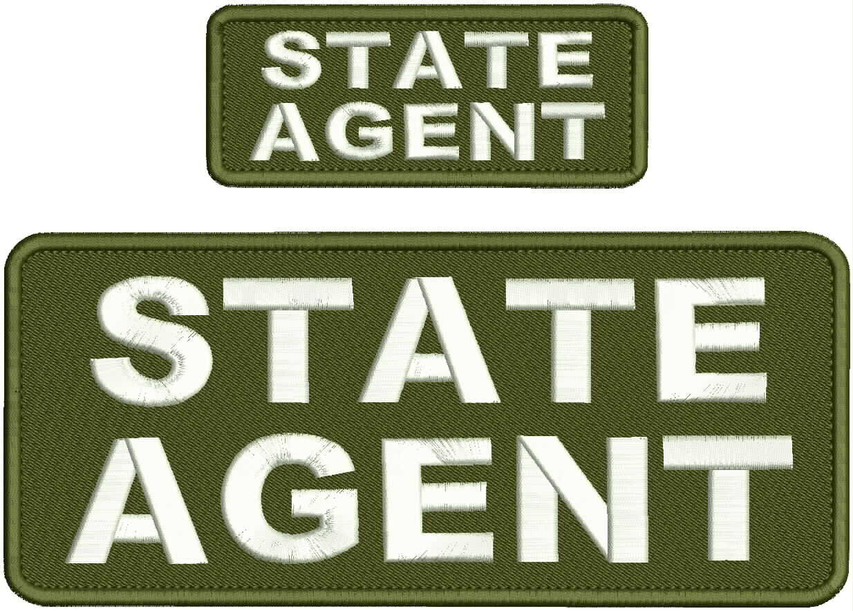STATE AGENT embroidery patches  4x10'' and 2x5"  hook on back white on od green