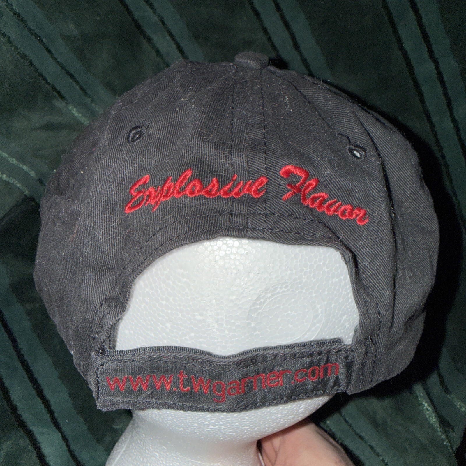 Texas Pete’s Hot Sauce Logo Red on Black Hat Cap Hook Loop Carolina Custom EUC