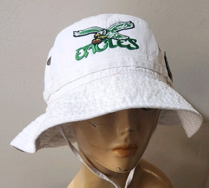 Philadelphia Eagles Throwback White Boonie Hat Side Snaps Up & Chin Strap