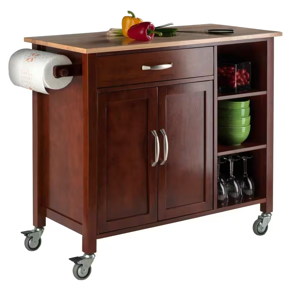 Mabel Walnut Kitchen Cart with Natural Wood Top