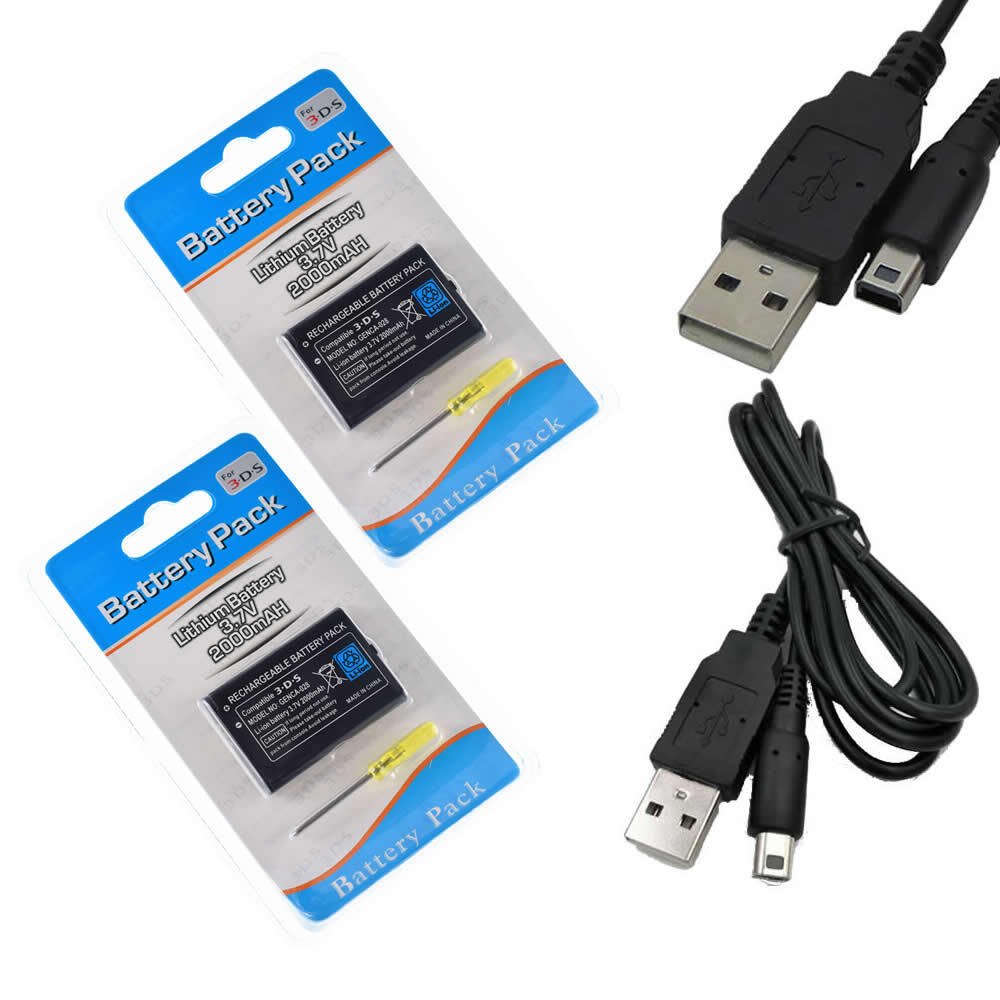 2x Battery for Nintendo 2DS & Nintendo 3DS -2000mAh CTR-003 +USB Charging Cable
