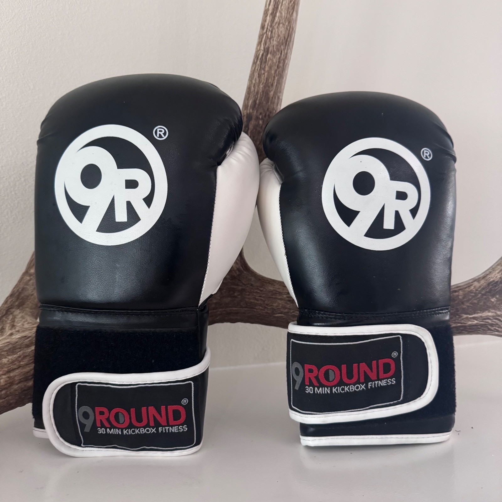 9Round Kickboxing Fitness Boxing Gloves and Hand Wraps Set Black White Grey