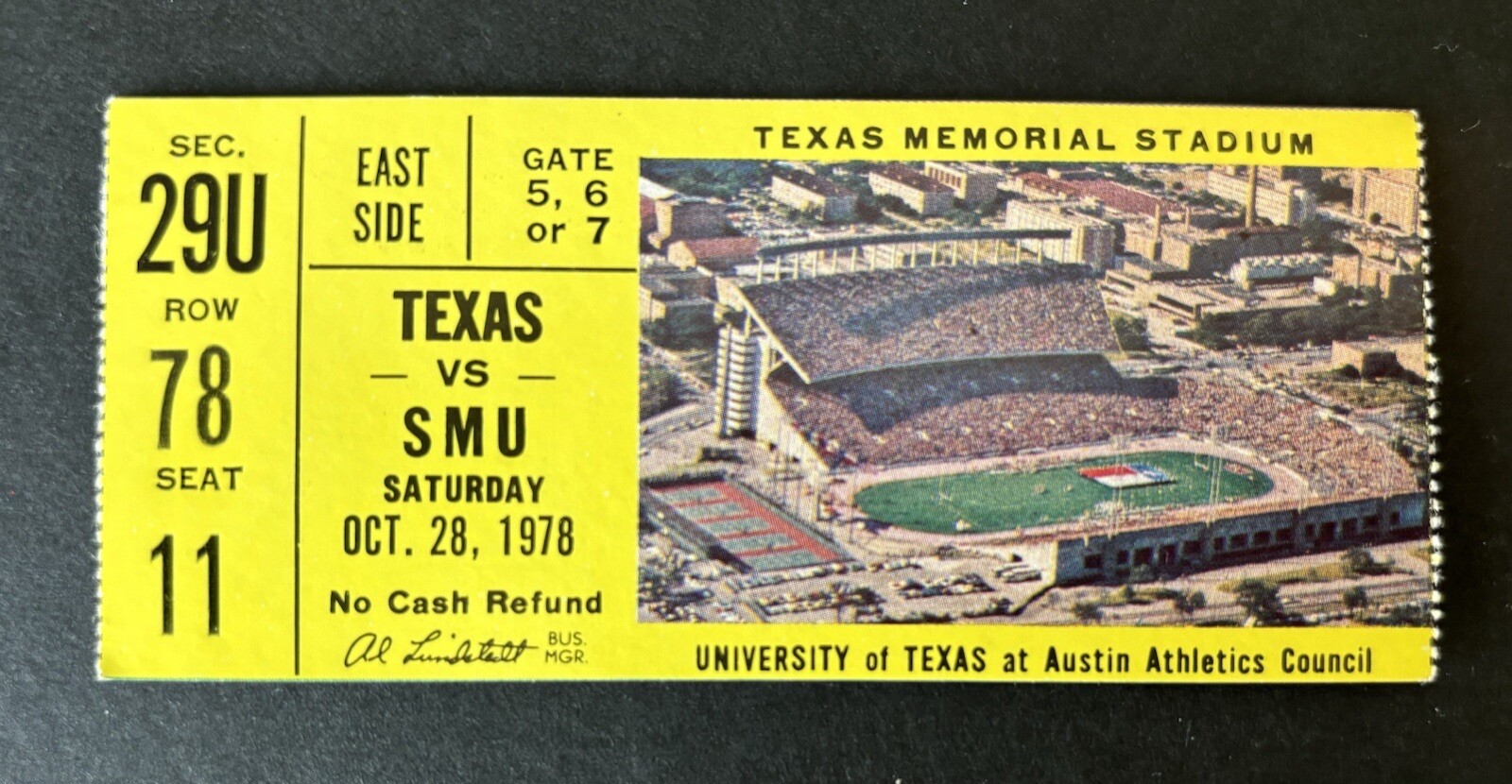 FOOTBALL TICKET: Oct 28, 1978 - Texas Longhorns vs SMU Mustangs - Austin Texas