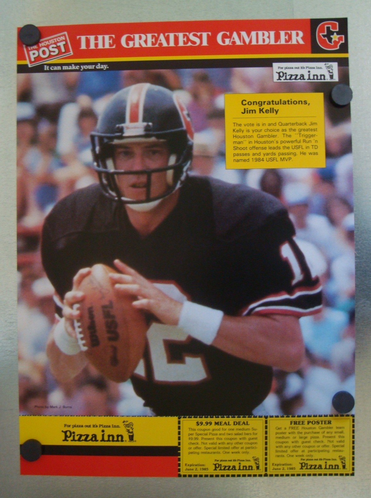 JIM KELLY 1985 HOUSTON POST~THE GREATEST GAMBLER~POSTER/WITH COUPONS