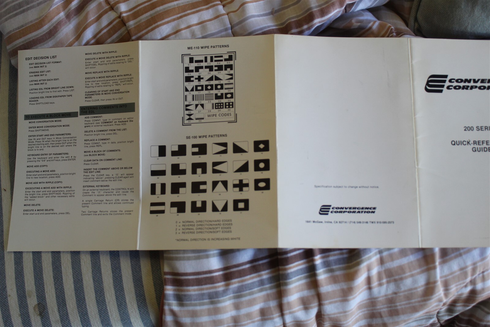 CONVERGENCE CORPORATION 200 SERIES VIDEO EDITOR QUICK REFERENCE GUIDE