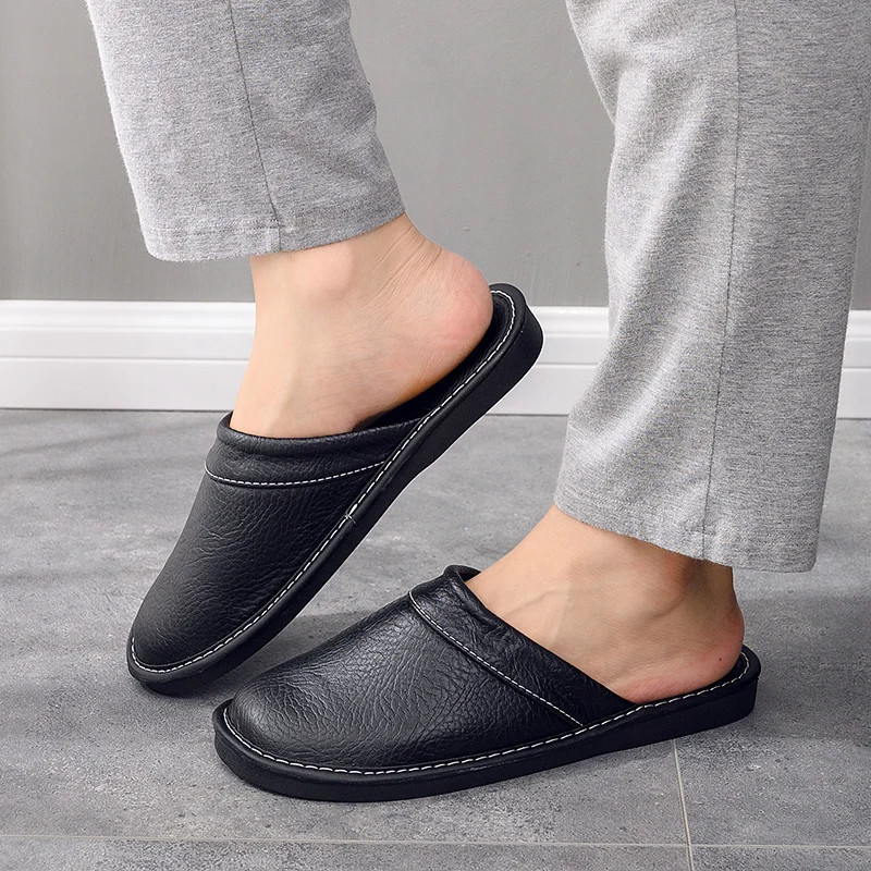 Men's Odor-resistant Leather Slippers for Home Non-slip Couple Slides Unisex Siz