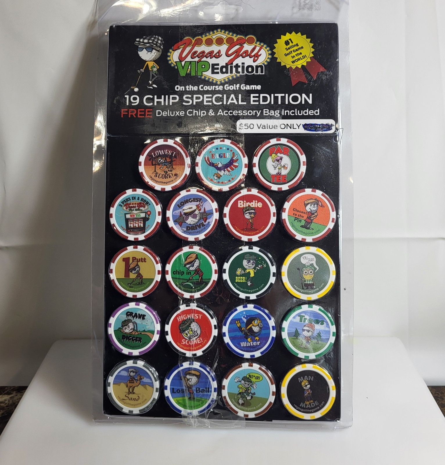 Vegas Golf VIP Edition 19 Game Chips Set w/ Accessory Bag & Heavy-Duty Carabiner