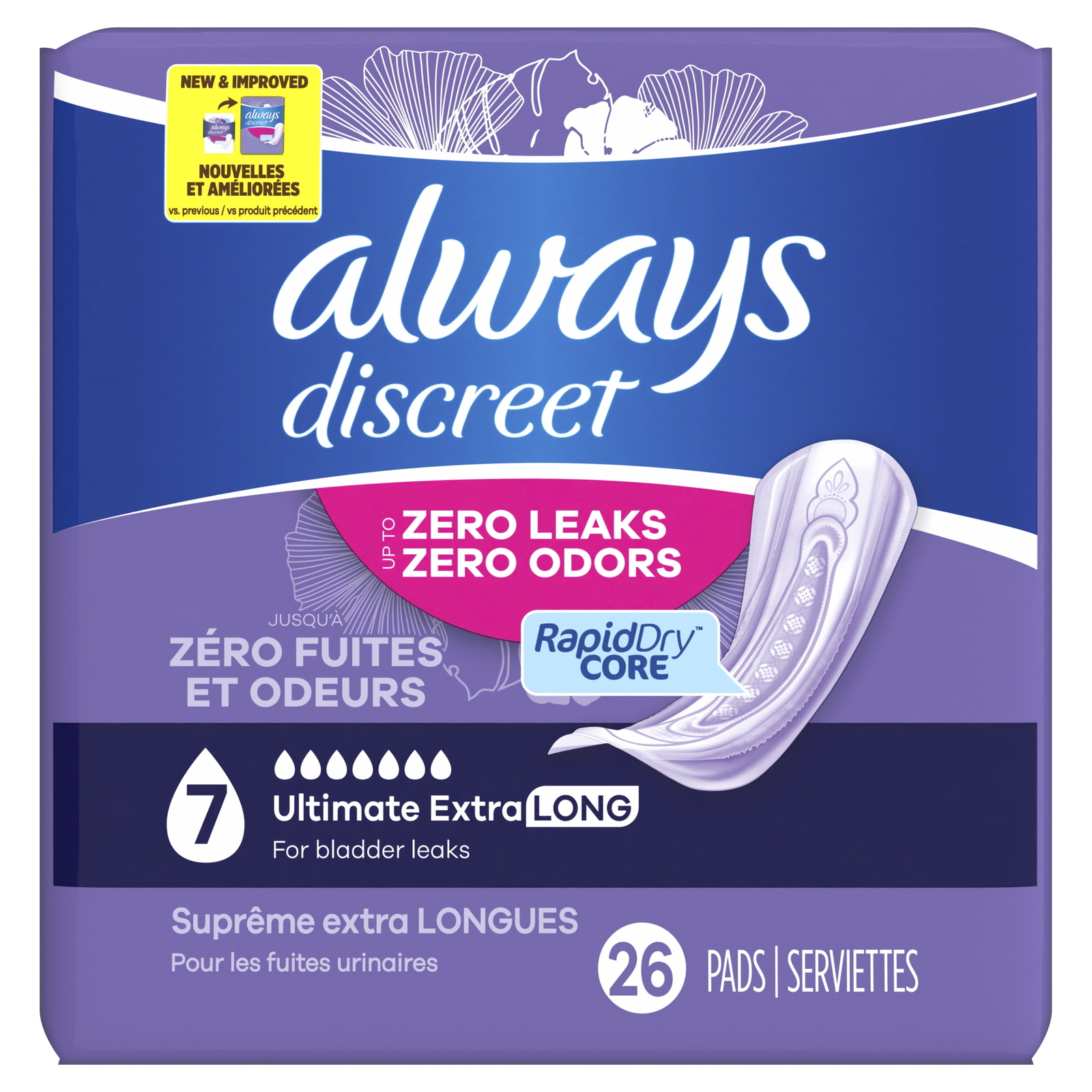 Always Discreet Incontinence Pads, Ultimate Extra Protect Absorbency,Long Length