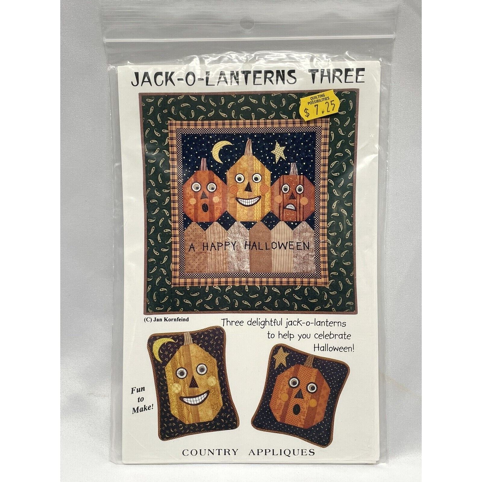 Country Appliques JACK-O-LANTERNS THREE Pattern by Jan Kornfeind NIP