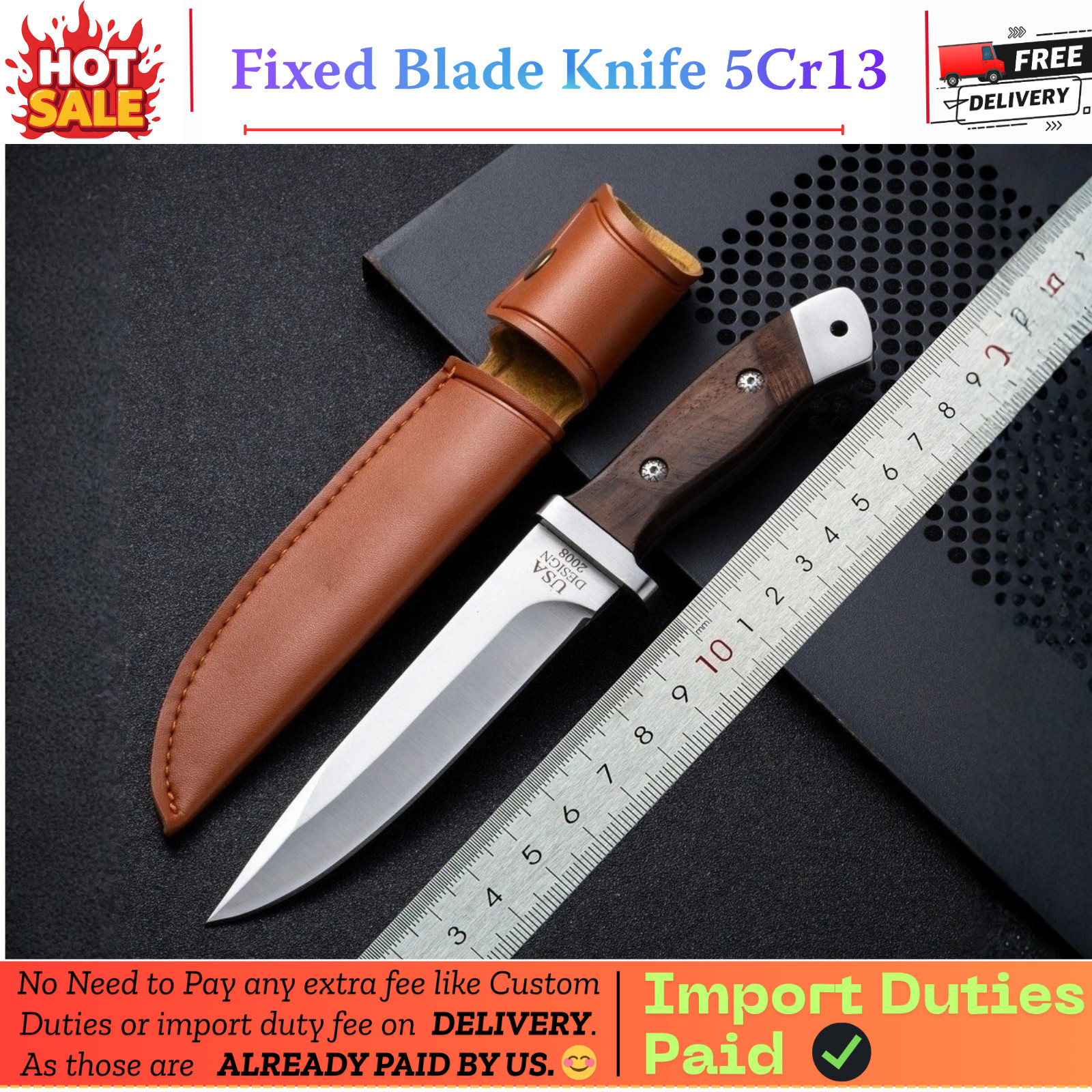 Fixed Blade Knife 5Cr13 Stainless Steel Wood Handle Outdoor Camping with Sheath
