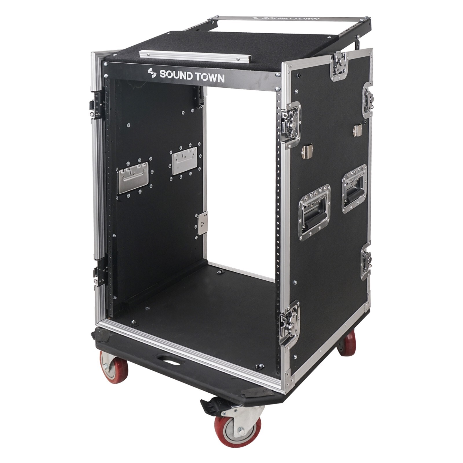 Sound Town 16U DJ Rack Case w/11U Slant Mixer Top Casters Lock Drawer STMR-16TD3