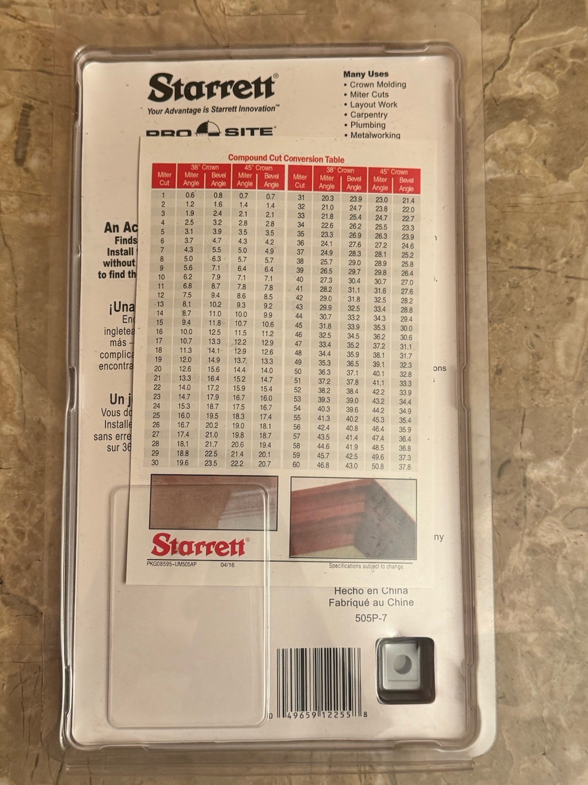 Starrett #505P-7 Plastic Miter Protractor 7" Pro Site Series Crown Molding