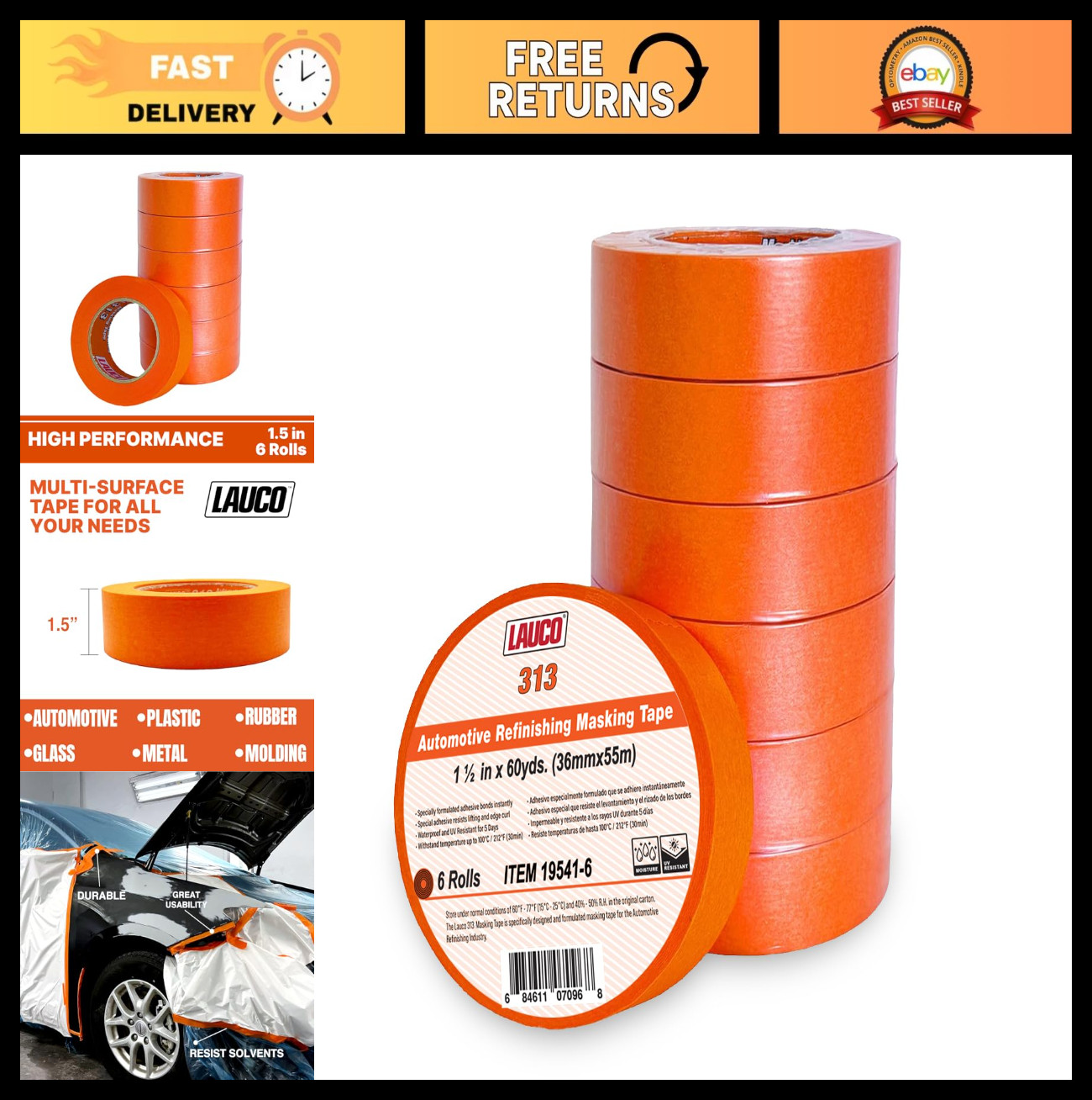 1.5in x 60yd Automotive Masking Tape - 6 Rolls, UV & Heat Resistant, No Residue
