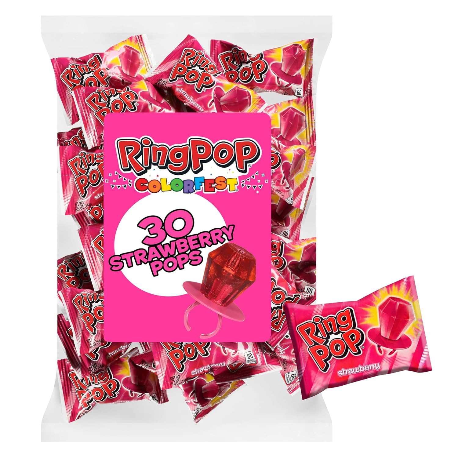 Ring Pop Individually Wrapped Pink Candy, Strawberry 30 Count Lollipop | Bulk Pa
