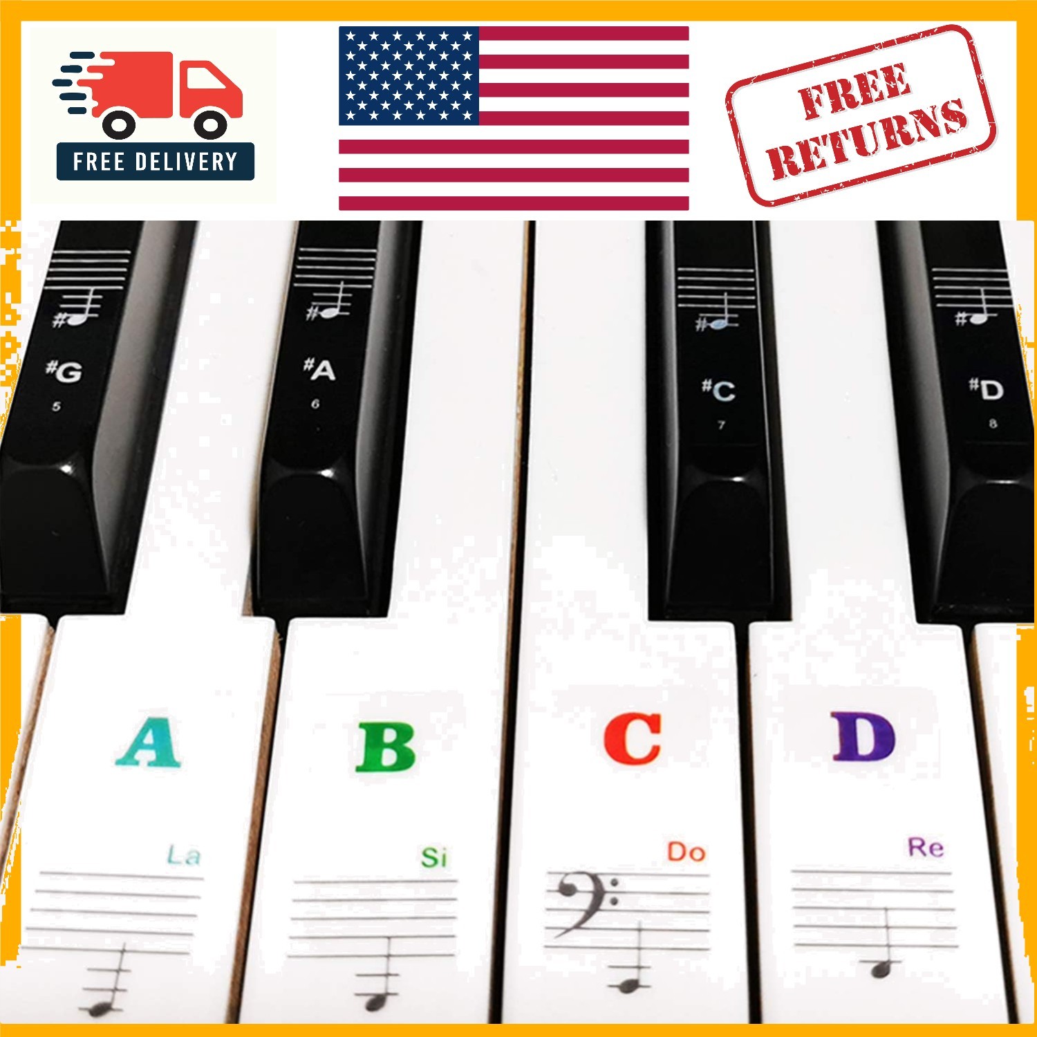Bold Multicolor Piano Keyboard Stickers for Beginners - 88/61/54/49/37 Key Sizes