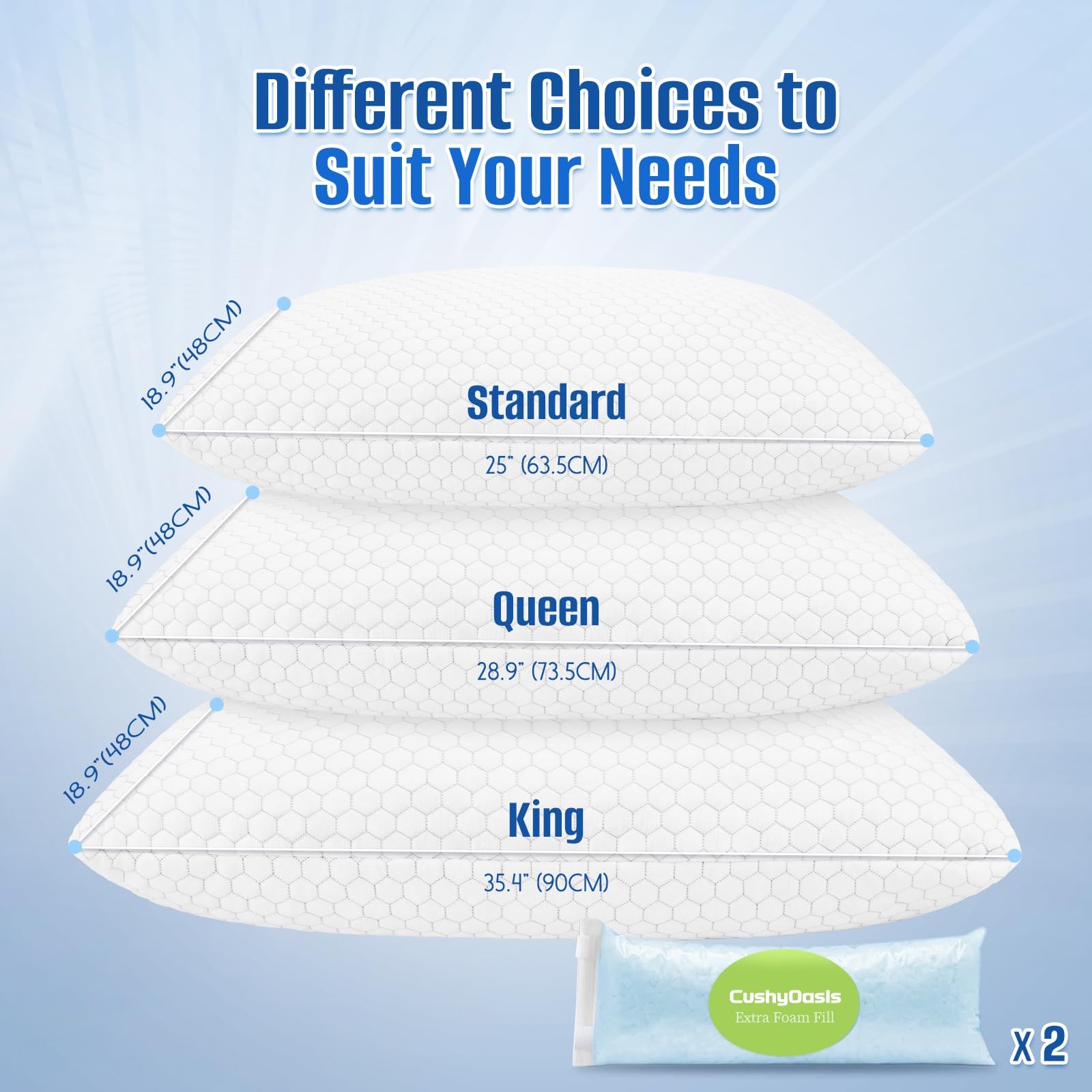 Memory Foam Bed Pillow, Adjustable Cooling Pillow Set Of 2, Queen, White