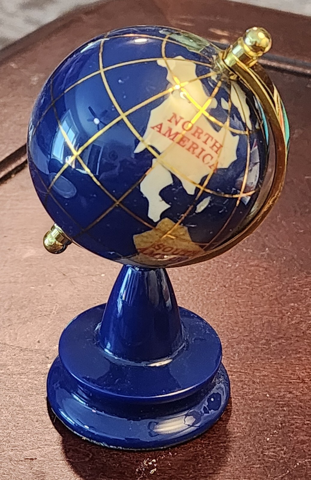 Mini  Stone Rotating Globe Paper Weight On Stand Lapis Blue 2 3/4" Tall Vintage