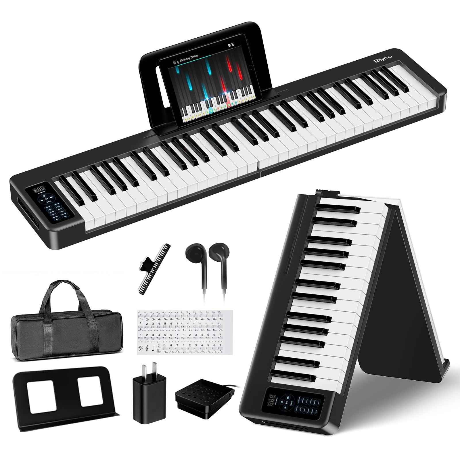 Folding Piano Keyboard 61 Keys Sensitive Electric Bluetooth MIDI Black