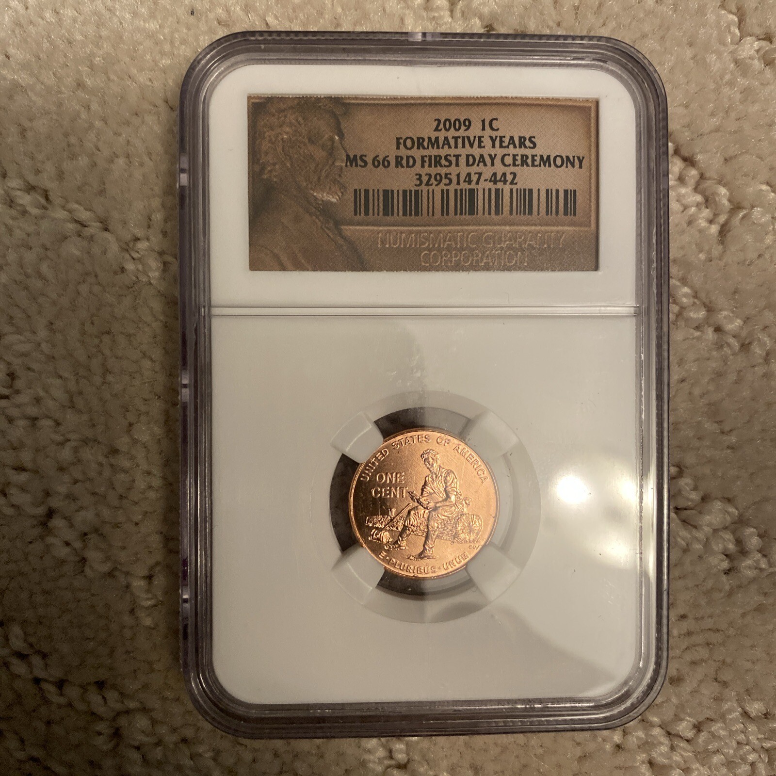 2009 Lincoln Formative Years Cent, First Day Ceremony, 1c, Penny - NGC MS 66 RD