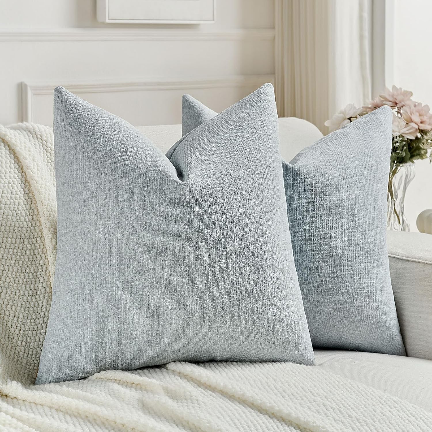 Dusty Blue Chenille Decorative Throw Pillow Covers 20x20 Inch Set of 2,Soft