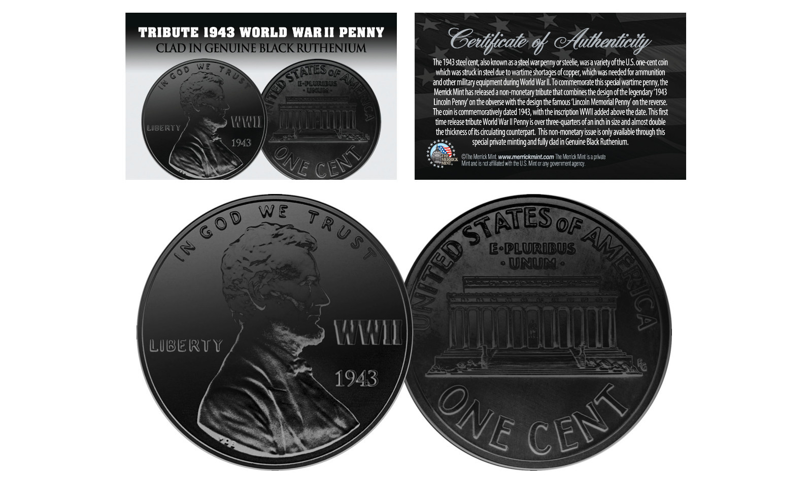 TRIBUTE 1943 World War II Steel PENNY Coin Clad in BLACK RUTHENIUM (Lot of 3)