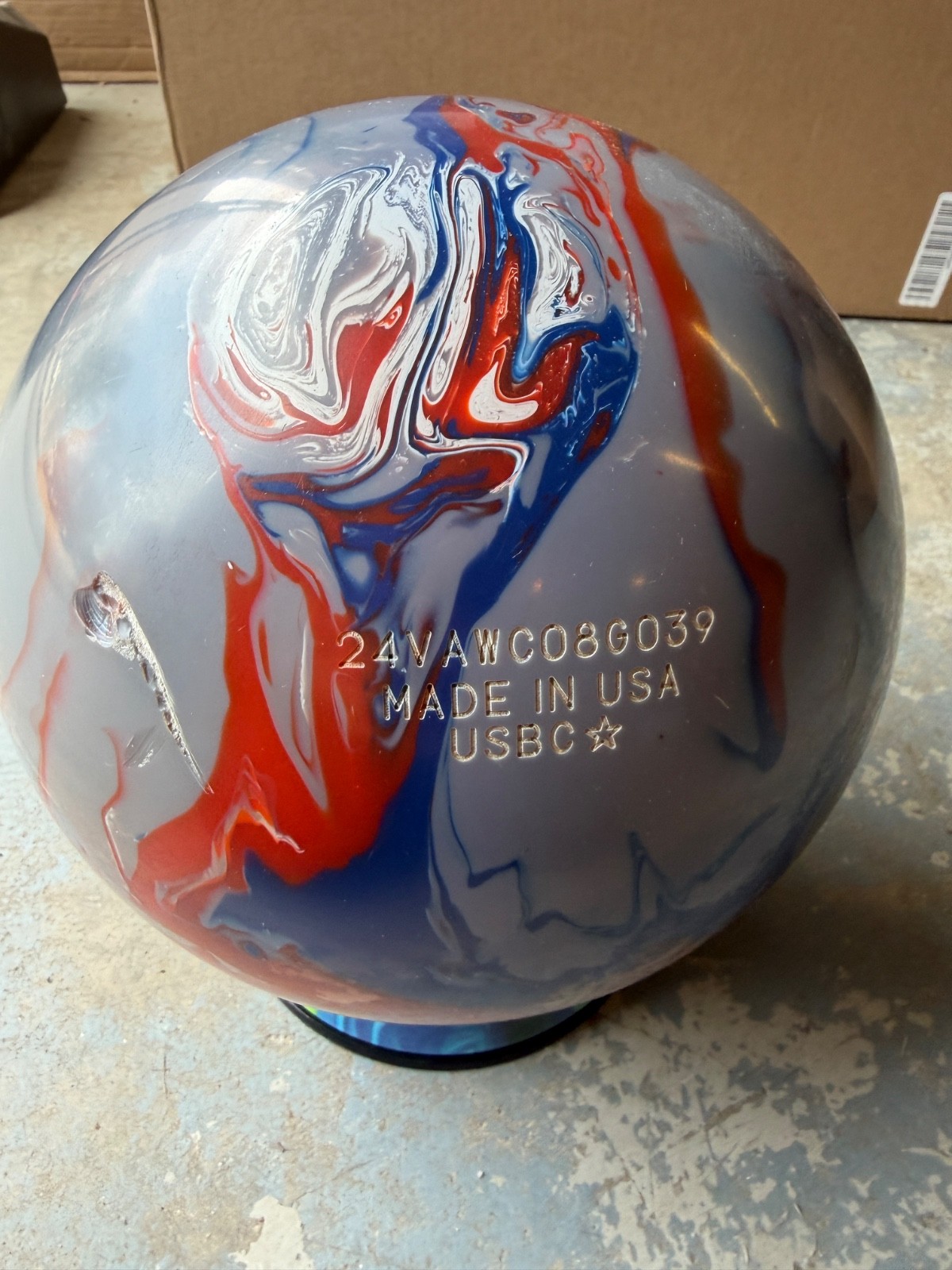 Storm Absolute Power 16lb bowling ball, new with a visible factory defect/gash.
