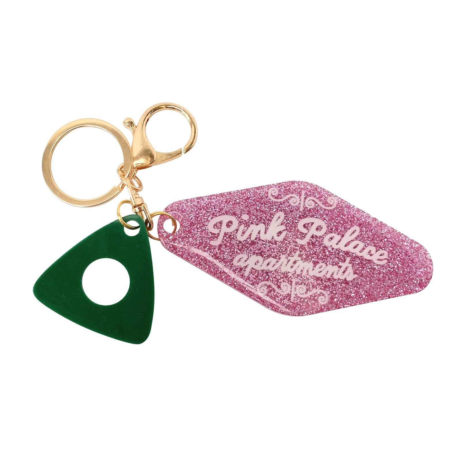 Pink Palace Apartments Keychain - Glitter Tag Key Ring with Green Stone Charm