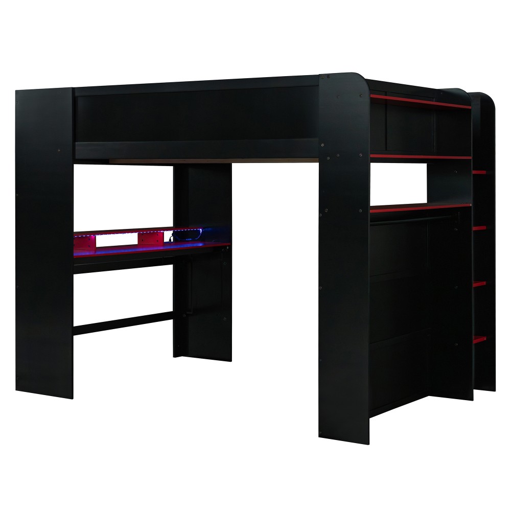 Full Size Bunk Bed with Desk, RGB Lights, Wardrobe, Storage for Gaming Setup