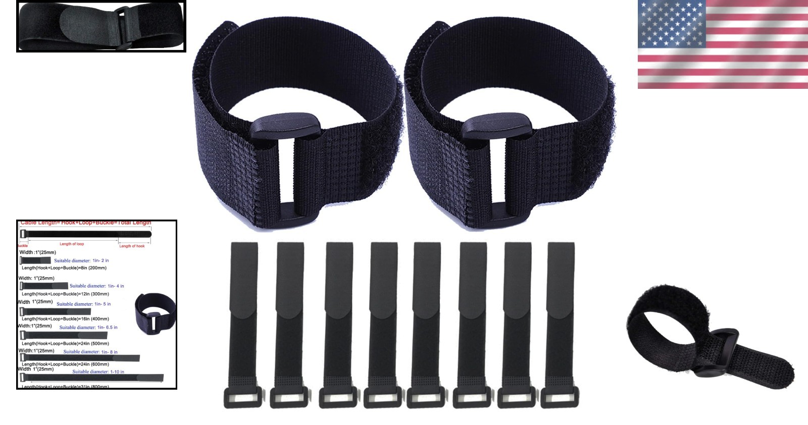 HUAPX Fastening Hook and Loop Cable Straps,10Pack Black 1" x 16",