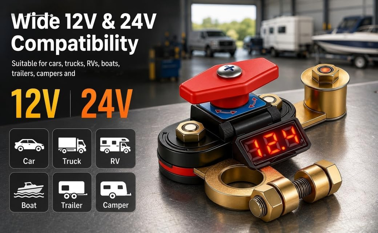 Universal Car Battery Disconnect Switch Leak Protector with LED Voltage,Copper M