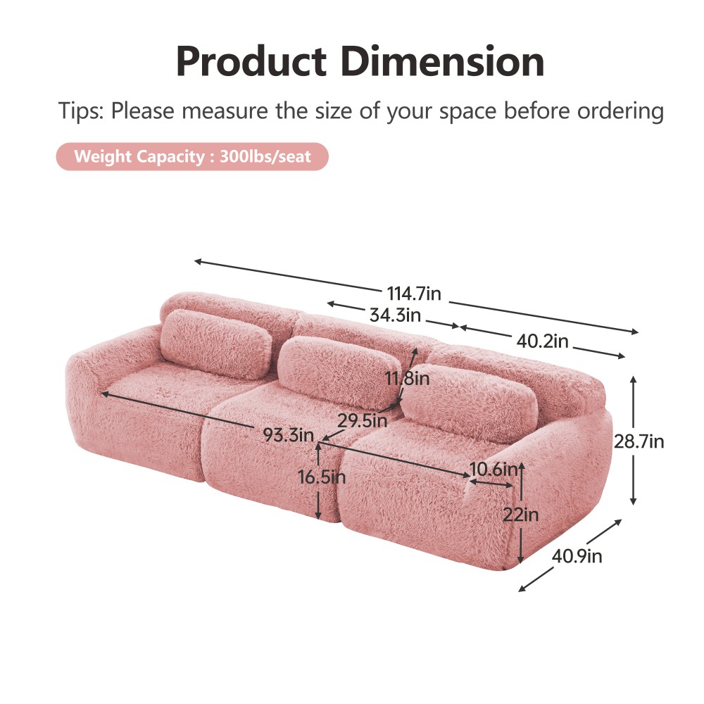 Modular Sectional Sofa w/ Ottoman & Pillows, Plush Pink Fabric