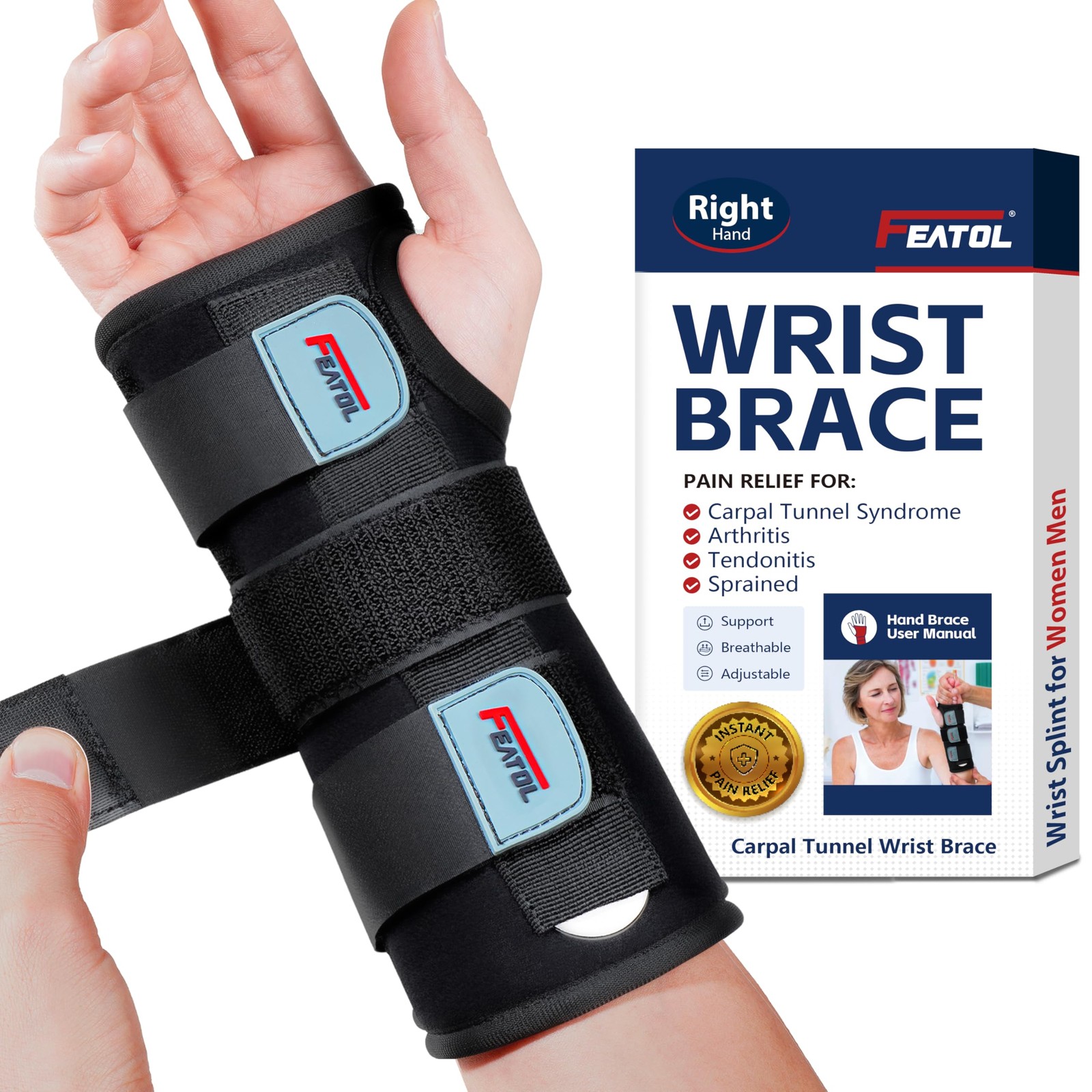 FEATOL Wrist Brace Hand Brace, Carpal Tunnel Medium/Large (Pack of 1)