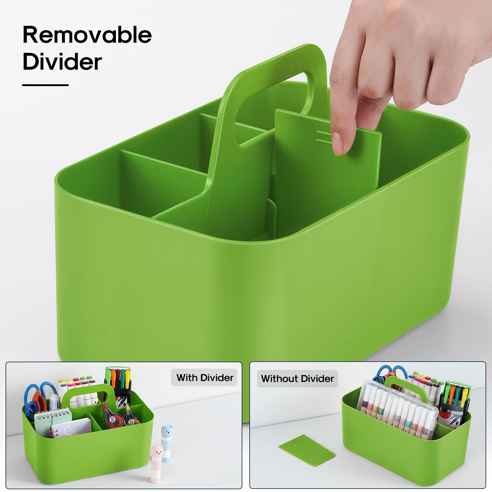 Multiuse Caddy Organizer with Handle, Portable Divided Plastic Tote Bin Green