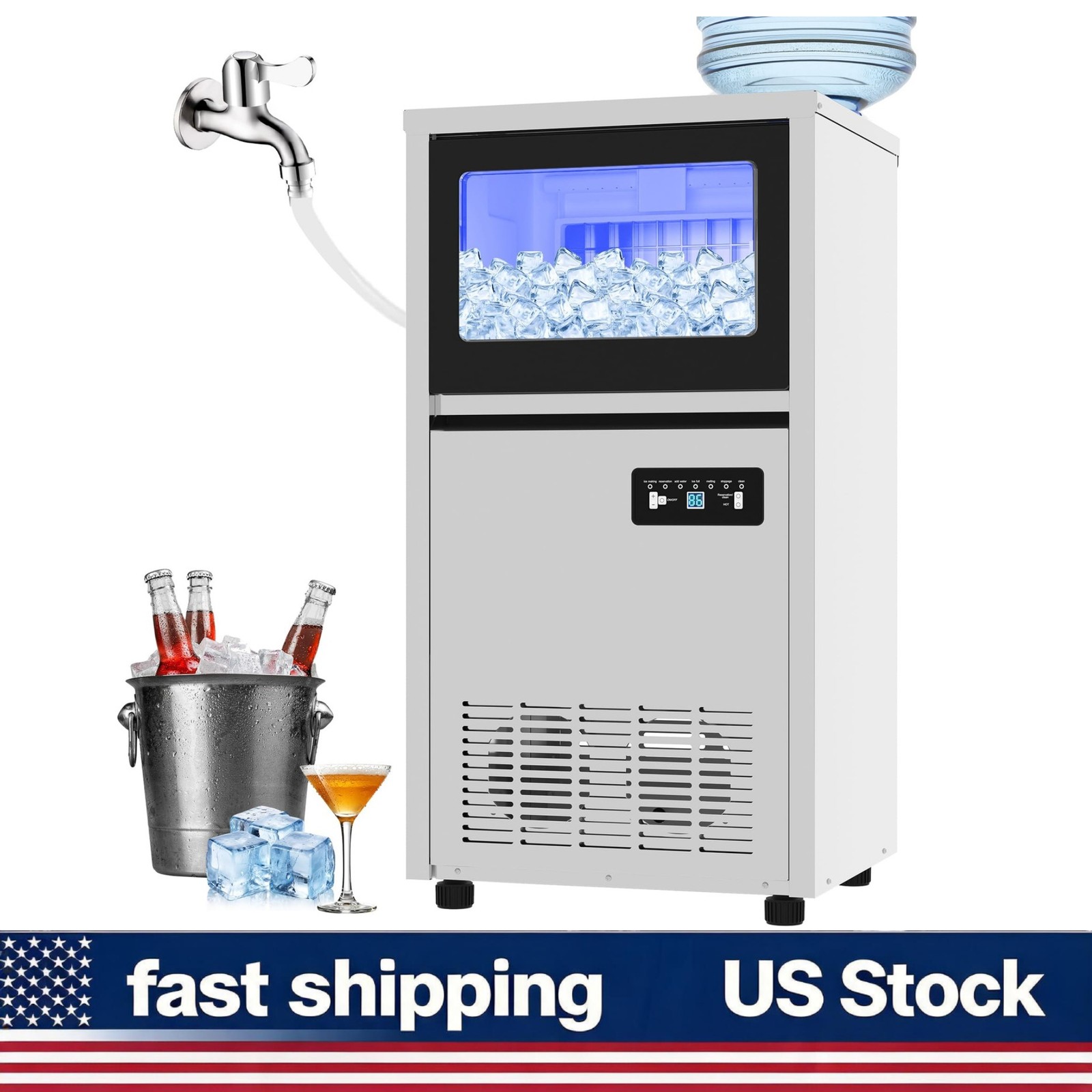 130 Lbs Stainless Steel Commercial Ice Maker Under Counter Bar Ice Cube